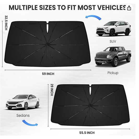 2 Pack Windshield Sun Shade - 99% UV Block, Foldable Spring 55.5×29 &  59 ×32.5 - Picture 2 of 6